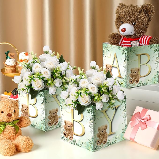 Bucherry 6 Pcs Baby Shower Centerpieces with Letters, 7" Baby Blocks Flower Boxes for Table Decorations, Gender Reveal Party Supplies & Photo Props(Green,Green Bear)