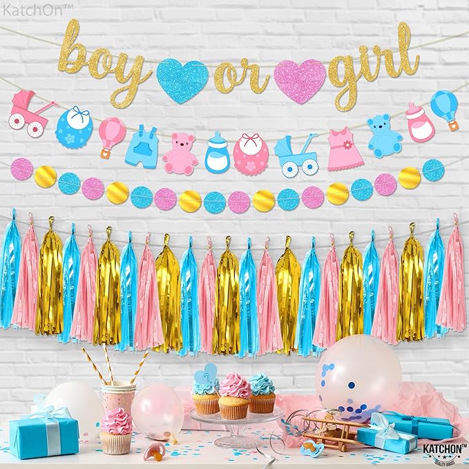 KatchOn, Boy or Girl Banner and Garland Set - 10 Feet, No DIY | Glitter Boy or Girl Gender Reveal Banner, Gender Reveal Decorations | Tassel Garland for Baby Shower Decorations