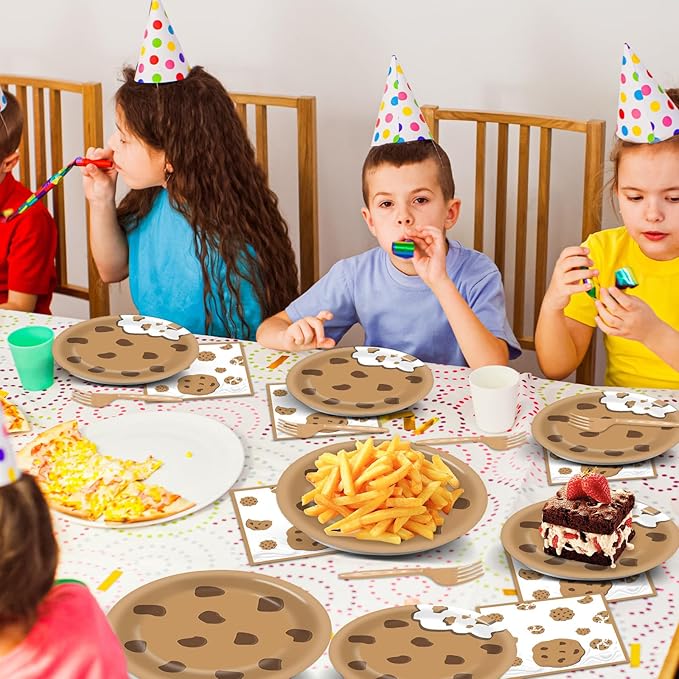 Naozinebi Milk and Cookies Birthday Party Plates Napkins Decorations Chocolate Chip Cookie Tableware Set Cookies Theme Disposable Plate Fork for Kids Boys Girls Birthday Baby Shower Supplies Serve 24