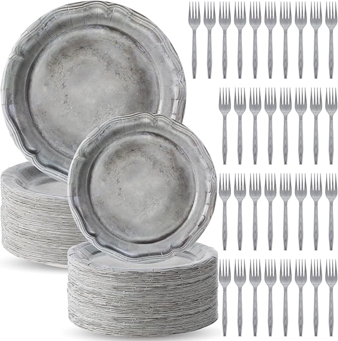 Jingmore 180 Pcs Medieval Party Supplies Disposable Pewter Paper Plates and Forks Tableware Set for Pirate Knight Castle Halloween Decorations Dinner Silver Grey 9" and 7'' Serves 60(Design Style)