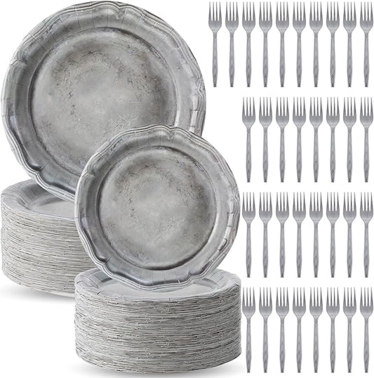 Jingmore 180 Pcs Medieval Party Supplies Disposable Pewter Paper Plates and Forks Tableware Set for Pirate Knight Castle Halloween Decorations Dinner Silver Grey 9" and 7'' Serves 60(Design Style)