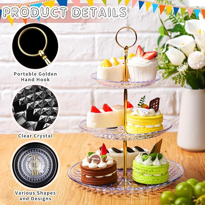 Patelai 8 Packs 3 Tier Crystal Acrylic Clear Cake Stand with Gold Round Holder Acrylic Cupcake Stand Holder for Home Wedding Holiday Birthday Baby Shower Tea Party (Clear)