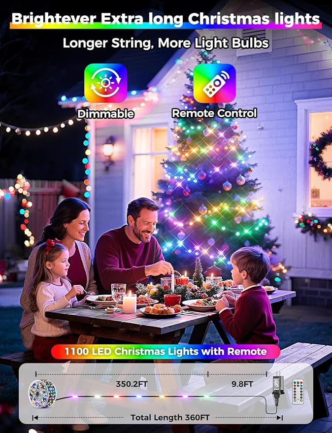 Brightever 360FT 1100 LED String Lights with Remote, IP67 Waterproof Plug-in Christmas Tree Lights - 8 Modes & 3 Timers, Dimmable Outdoor String Light for House Yard Xmas Decorations (Multicolor)