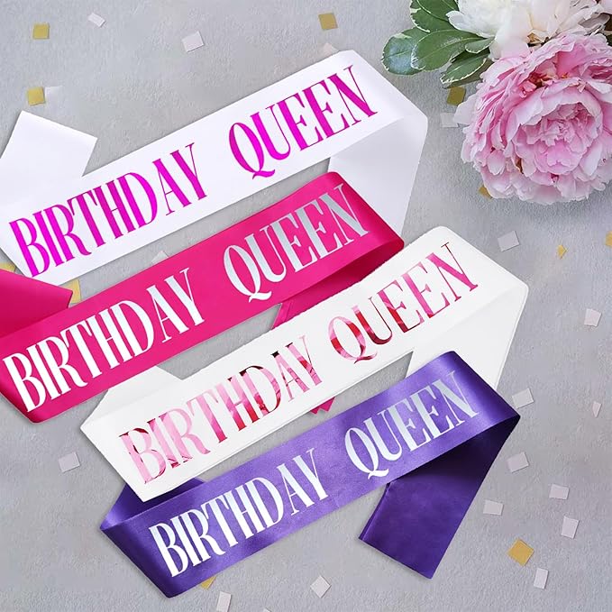 Birthday Queen Sash, Pink Foil White Birthday Sash for Women 21st 30th 40th 50th 60th 70th Fun Birthday Party Favors Gifts Decorations
