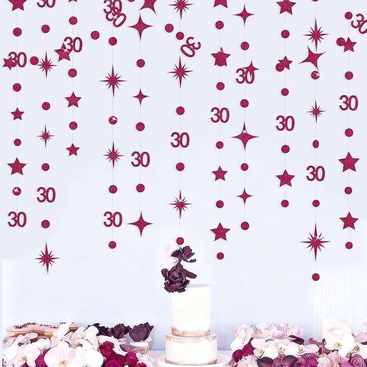 Burgundy 30th Birthday Decorations Number 30 Circle Dot Star Garland Glitter Streamer Banner Backdrop for Women Men Dirty Thirty Cheers to 30 Years Old Birthday 30th Anniversary Party Supplies