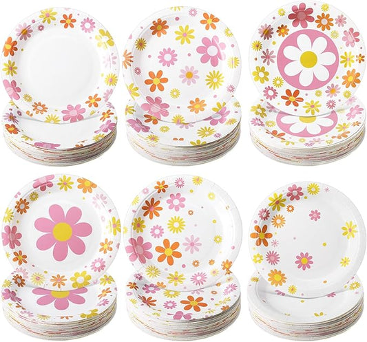Funnymoom 60 Pcs 7 Inch Groovy Daisy Birthday Paper Plates Retro Hippie Boho Disposable Dessert Plates Flower Party Supplies for Birthday Bridal Baby Shower Wedding Tea Party Decoration