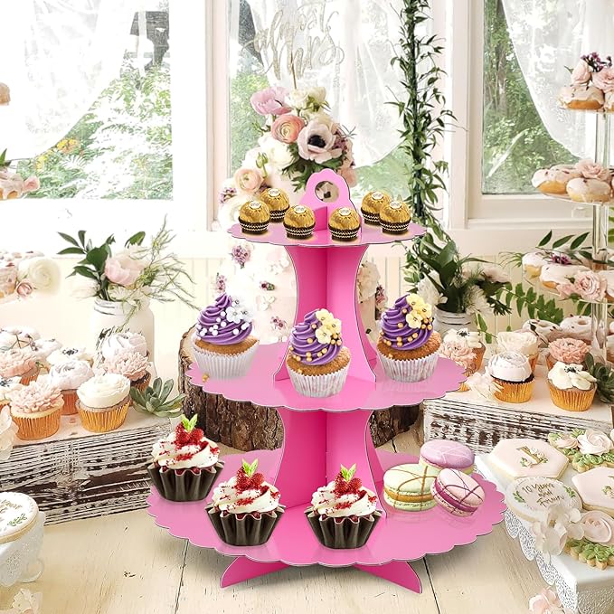 Soleebee 3-Tier Cupcake Stand, Cardboard Cupcake Tower, Dessert Cup Cake Stand Tower for Birthday Wedding Party Decoration, Cupcake Tier Stand 2 Set (Hot Pink)