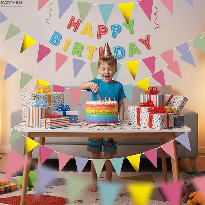 KatchOn, Multicolor Pennant Banner - 60 Ft, 8 Strings, No DIY | Multicolor Flag Banner | Pennant Flag for Birthday, Wedding, Baby Shower, Classroom Decoration | Colorful Garlands for Party Decorations