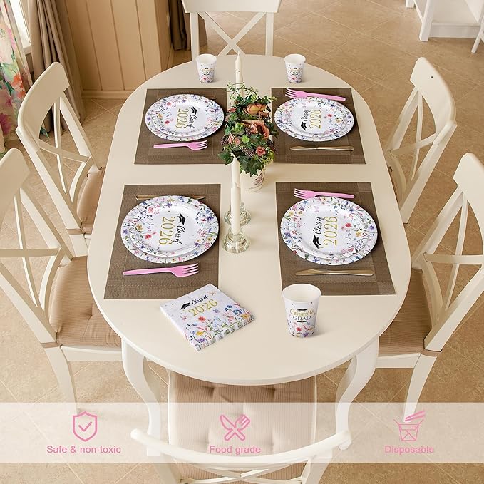 Kochorie 144 Pieces Floral Graduation Party Decorations, Class of 2026 Pink Wildflower Congrats Grad Tableware Sets Including Paper Plates Napkins Cups Forks for Women College High School, Serves 24