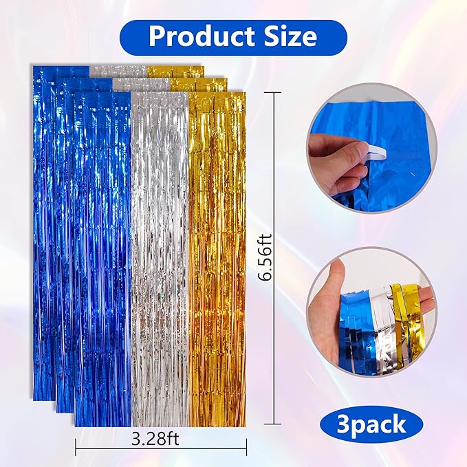 BEISHIDA 3Pcs Blue Silver Gold Door Streamer Backdrop Foil Fringe Tinsel Curtains Backdrops for Boy Men Birthday Baby Shower Graduation Decoration (3.28 ft x 6.56 ft)