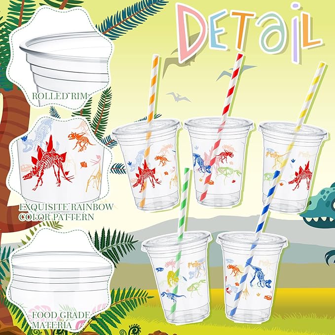 FoldTier 50 Pcs Dinosaur Cups for Kids 12 oz Disposable Plastic Cups with Straws and Lids Dinosaur Clear Cup Birthday Party Cups Supplies for Kids Birthday Table Decorations Party Favor