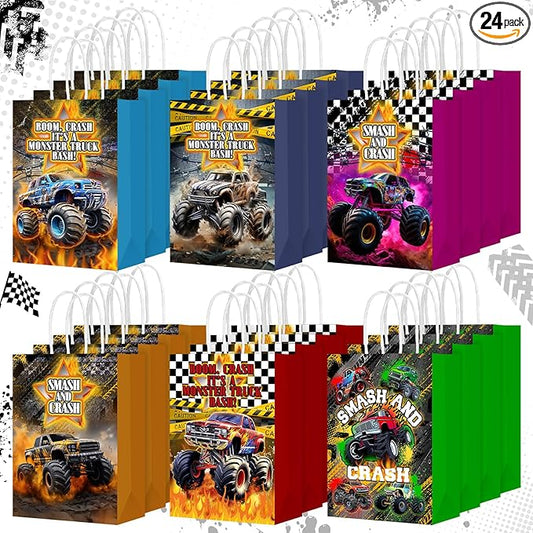 Kolldenn 24 Pcs Monsters Truck Party Favor Bags Truck Theme Gift Goodie Paper Bags with Handles Racing Car Candy Treat Pouch for Monster Party Birthday Decorations Baby Shower Supplies