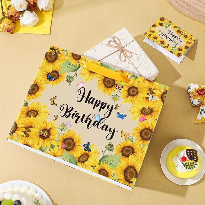 Sunflower Birthday Gift Bag for Girls Women Yellow Sunflower Paper Bag with Tissue Paper and Card Sun flower Birthday Wrapping Paper Bag for Bday Christmas Wedding Baby Bridal Shower Decorations
