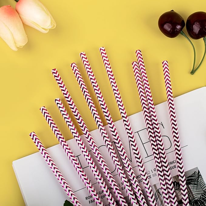 PakTalk Paper Straws Disposable, 100Pack Metallic Rose Gold Wave Paper Straws for Drinking, Crafts, Valentines, Holiday, Party (0.24''*8.27'', Gold Wave)