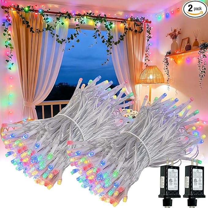 Connectable 2Pack String Lights Indoor, 66FT 200LED String Lights, 13Modes Twinkle Fairy Lights Plug in Outdoor Waterproof, Multicolor Clear Wire Light for Christmas Tree, Wedding Yard, Party Decor