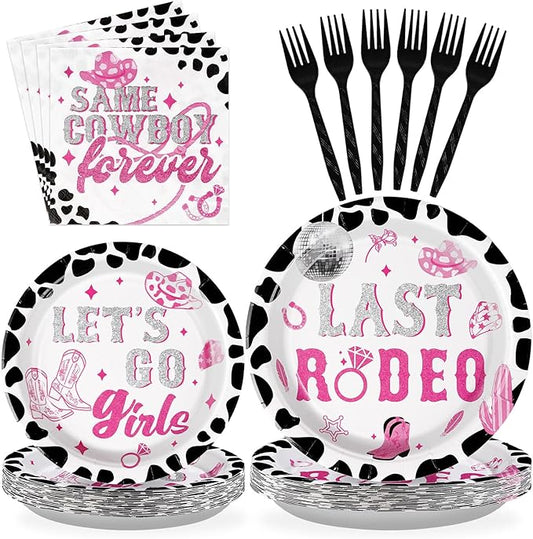 96Pcs Last Rodeo Bachelorette Party Decorations Pink & Silver Disco Cowgirl Plates and Napkins Let's Go Girls Party Decorations for Nashville Western Bridal Baby Shower Birthday Supplies,Serves 24