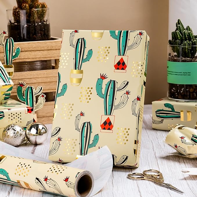 MAYPLUSS Cactus Wrapping Paper Roll - 17Inch X 33Feet - Western Green Cactus Potted Plants Gold foil Design Gift Wrap Thick Paper for Baby Shower, Christmas, Holiday, Birthday, Wedding, Cactus Lover