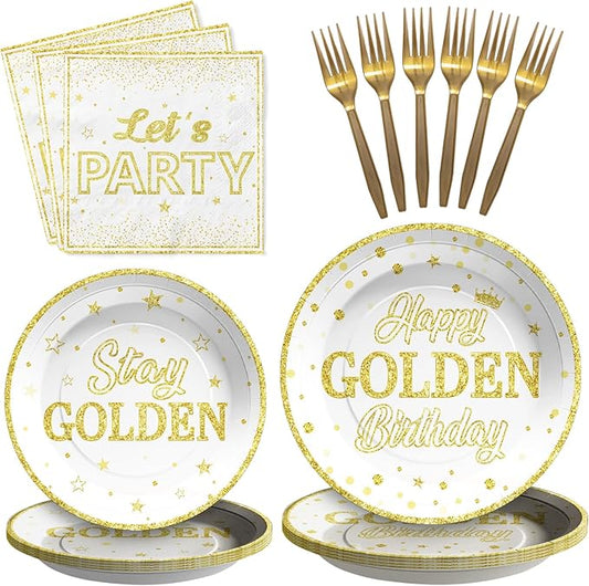 96Pcs Happy Golden Birthday Party Decorations White Gold Plates and Napkins Gold Glitter Disposable Paper Plates Tableware Set for Women Men Happy Birthday Baby Shower Party Supplies Serves 24