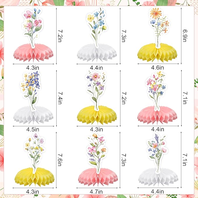 9 PCS Floral Honeycomb Centerpieces Spring Flower Theme Table Centerpiece 3D Wildflower Birthday Table Decorations for Spring Floral Theme Girls Baby Shower Wedding Birthday Party Decoration