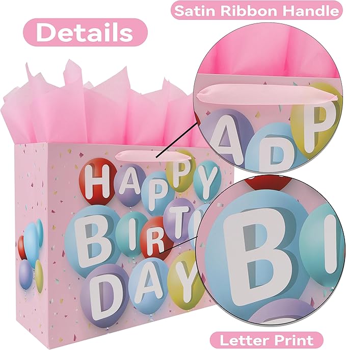 wishinside 16.5” Extra Large Happy Birthday Gift Bag Set with Handles, Greeting Card, Tissue Papers and Stickers for Girls Kids Women, Colorful Balloon Design, 1 Pcs