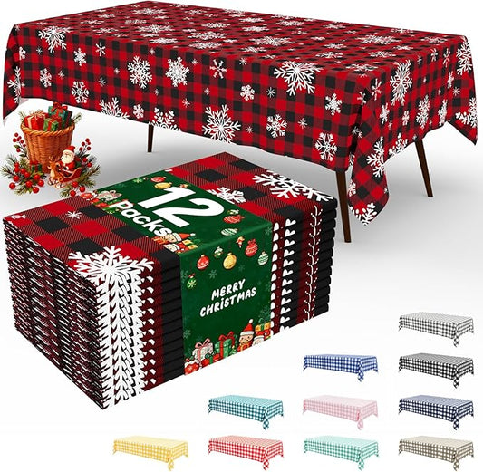 misaya 12 Packs Christmas Buffalo Disposable Table Cloth, 54 x 108 Inch Waterproof Plastic Tablecloth, Rectangle Black Red and White Checkered Table Covers for Picnic, Birthday, Party