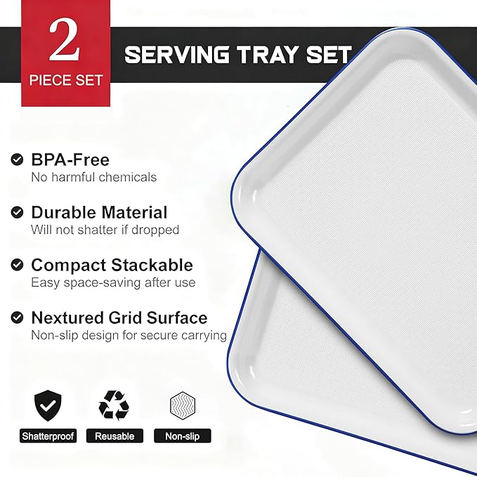 Two Tone Grilling Prep and Serve Trays, 14.5” x 11” Plastic Serving Trays for Party, 2pcs White Blue Unbreakable BBQ Platter for Raw and Cooked Food, Serve Appetizers, Fruit, Veggies & Desserts
