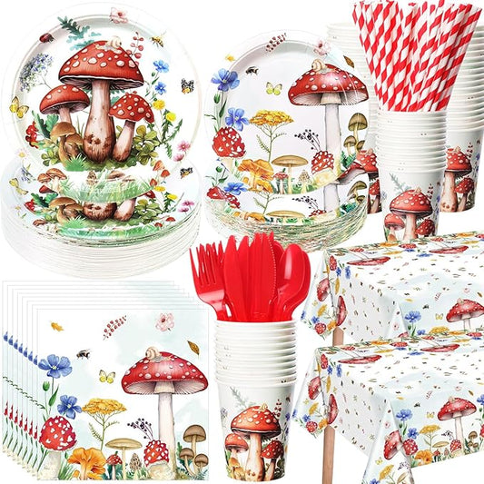Funnymoom 452 Pcs Mushroom Party Decorations for 50 Guests, Red Watercolor Mushroom Paper Plates Napkins Cups Tablecloth Cutlery Straws for Fairy Tale Birthday Baby Shower Party Supplies