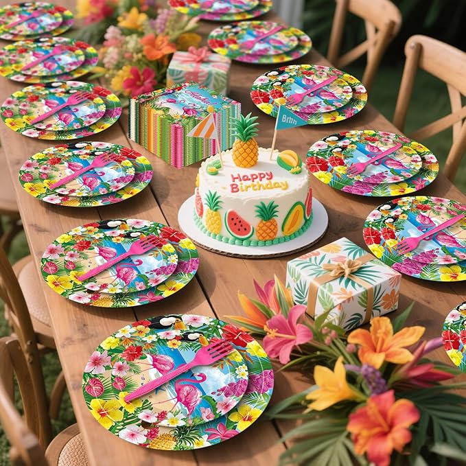 100 Pcs Tropical Aloha Flamingo Birthday Party Supplies Set - Serves 25, Hawaiian Luau Disposable Tableware, Includes Paper Plates, Napkins, Forks for Summer Beach Birthday Pool Decorations