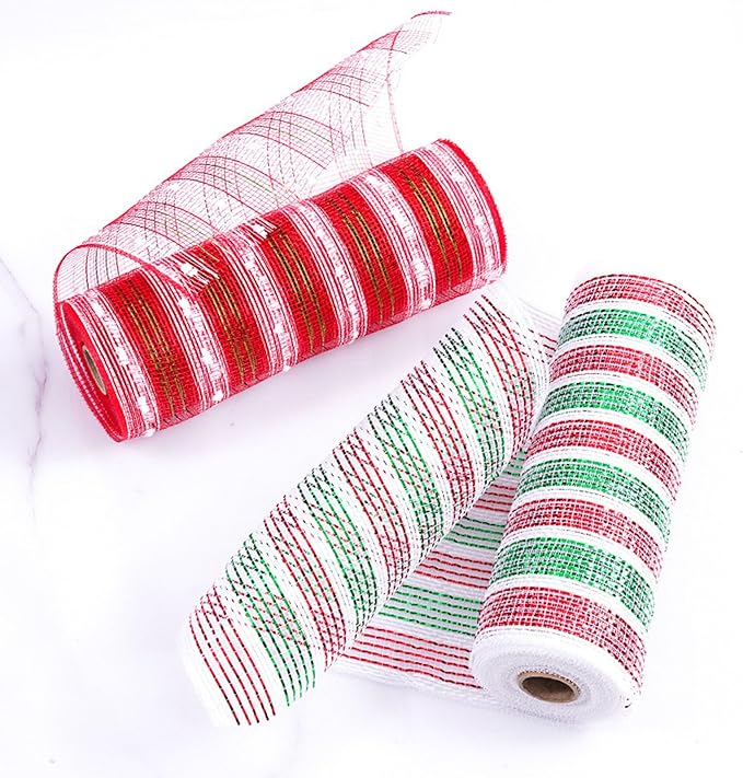 3 Rolls Red Green Stripe Deco Mesh Ribbon for Christmas Wreath Making Supplies, 10 Inch x 30FT Metallic Foil Deco Mesh Fabric for Christmas Tree New Year Winter Door Wreath Swags Decor