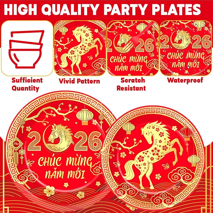 96Pcs Vietnamese New Year Party Decorations Vietnamese Horse Themed New Year Plates and Napkins 2026 Red Gold Horse Tableware Dinnerware Party Supplies for Spring Festival Lunar Decor Serves 24 Guests