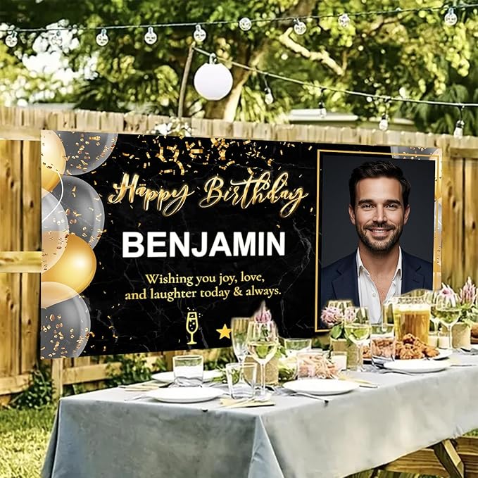 Happy Birthday Banner with Pictures Customized Backdrop and Name, Special Party Decoration for Husband Him Men Women, Personalized Banner for All Age Celebrations