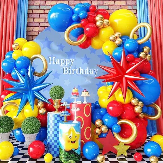 126Pcs Red Blue Yellow Balloon Arch Kit, Cartoon Hedgehog Theme Primary Color Balloon with Gold Circle Explosion Star Foil Balloon Garland Set for Boys Kids Carnival Circus Birthday Party Decorations