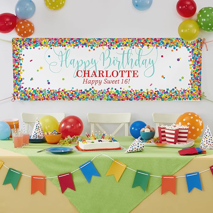 Let's Make Memories Personalized Happy Birthday Banner for Kids - Custom Colorful Party Decorations - Indoor/Outdoor Vinyl - Any Text - Happy Birthday Confetti - 6ft