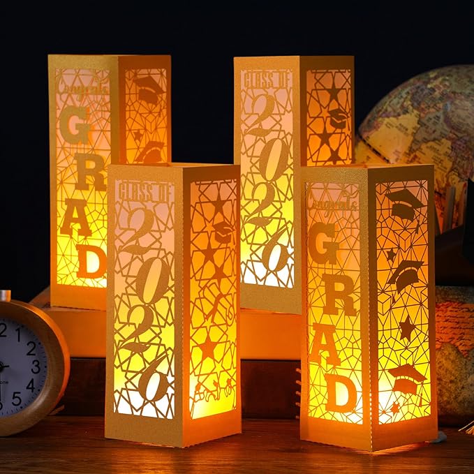 Rossesay 6 Pcs Graduation Table Centerpieces Boxes Class of 2026 Graduation Lanterns for Centerpieces with LED Candles Congrats Grad School College Photo Props for Party Table Decoration (Gold)