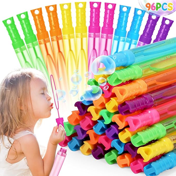 Bubble Wand, 96 Pcs Bubble Wands Bulk in 6 Colors, Bubble Party Favors for Kids, Summer Toys, Indoor Outdoor Activity, Themed Birthday, Wedding, for Girls & Boys