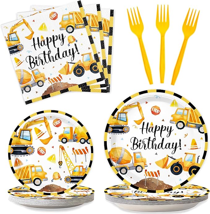 100 Pieces Construction Truck Tableware Set Party Supplies – Happy Birthday Yellow Digger Pattern Disposable Plates, Napkins, and Forks Dinnerware for Boys Birthday Construction Theme Celebrations