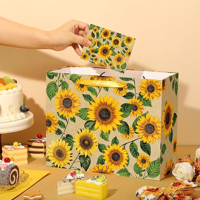 Large Sunflower Gift Bag with Tissue Paper and Greeting Card Yellow Sunflower Party Favor Bags Decorations Floral Sunflower Treat Candy Paper Bag Sunflower Wrapping Paper for Wedding Birthday Gift
