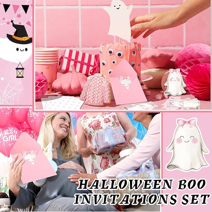 25 Set Halloween Invitation Cards Pink Happy Boo Day Birthday Invitation Paper Card with Envelope and Sticker Halloween Birthday Invites Party Supplies for Baby Shower Girls Dinner Favors, 5 x 6 Inch