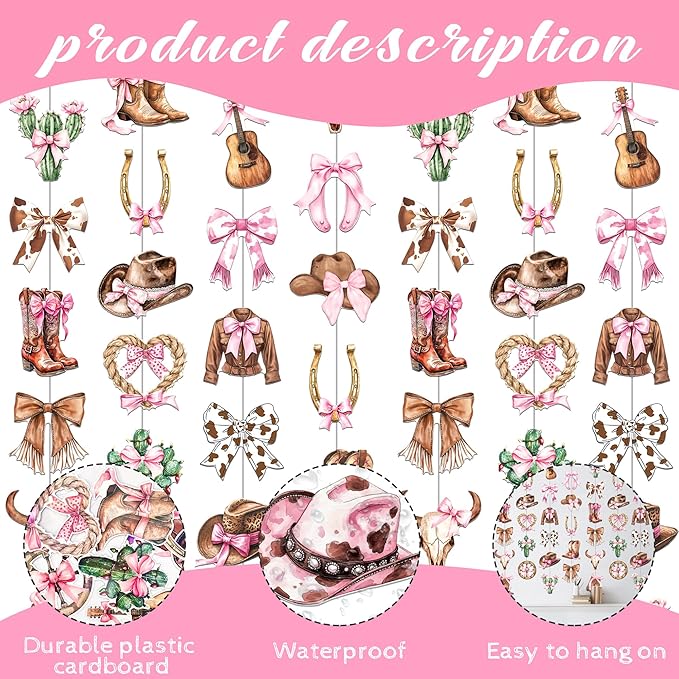 Cowgirl Coquette Garlands 8PCS Western Disco Cowgirls Hanging Decorations Cowgirl Hat and Boots Paper Garland Banner Cactus Pink Bow Decor for Girls Bachelorette Bridal Shower Supplies