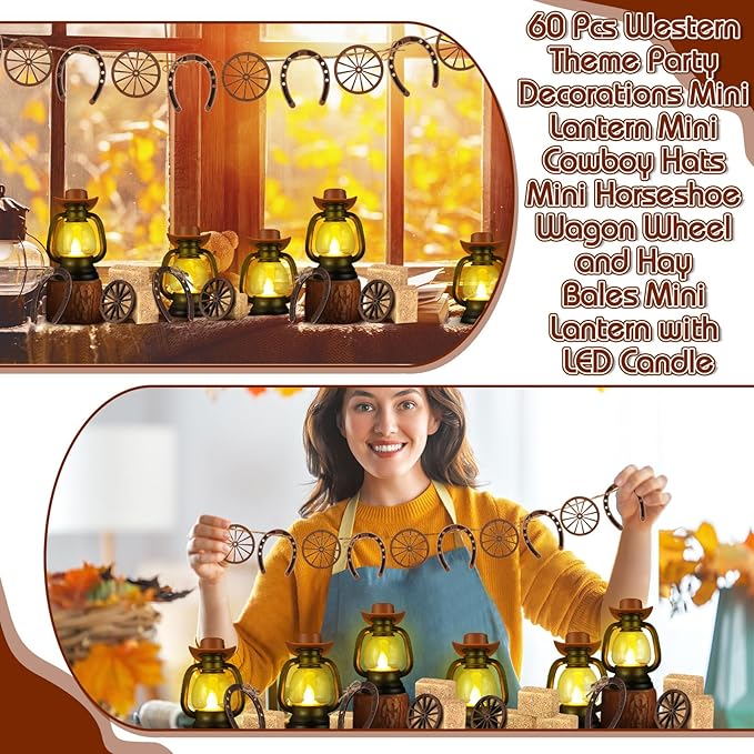 Ferraycle 60 Pcs Cowboy Theme Party Decoration Western Party Decor Rodeo Table Centerpieces Rustic Country Mini Cowboy Hat Lantern Horseshoe Wagon Wheel Hay Bales for Adult Cowgirl (Brown)