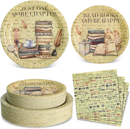 180PCS Book Themed Party Decorations, Vintage Book Club Plates and Napkins Set, Disposable Reading Tableware Set for Library Event Book Lover Birthday Party Supplies