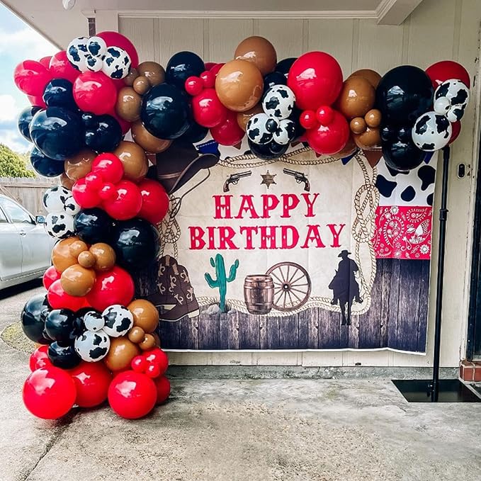 Mocsicka 7x5ft Western Cowboy Happy Birthday Backdrop Rustic Old West Rodeo Decorations Red Bandana Wood Background for Kids Party Photography Banner (7x5ft (82x60 inch))