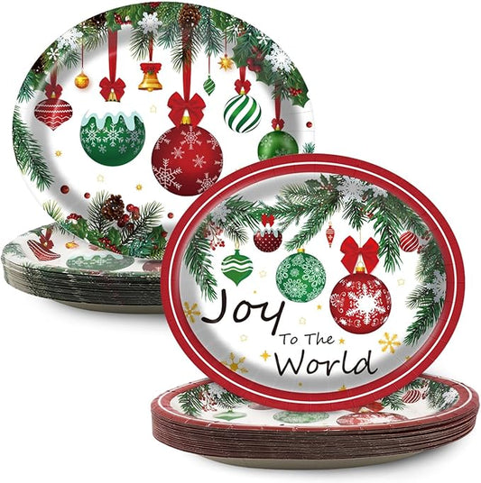 50 Pcs Christmas Oval Paper Plates 10" x 12",Large Disposable Xmas Party Decorations Paper Red Green Balls Plates for Xmas Holiday New Year Dinner Party Supplies,50 Guests