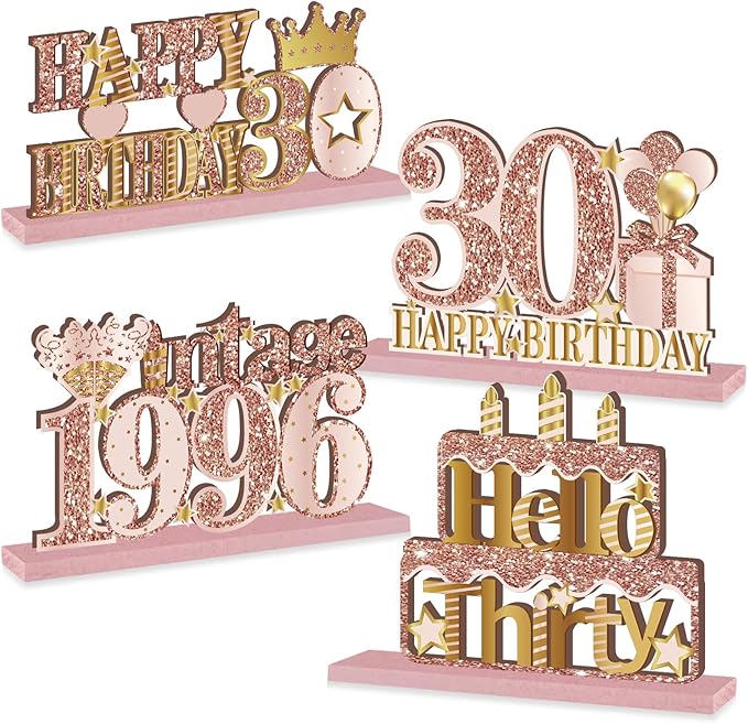 4 Pieces 30th Birthday Decorations Wooden Vintage 1996 Table Centerpieces for Women, Pink Rose Gold Cheers to 30 Years Table Sign Party Supplies, Hello 30 Years Old Bday Table Decor