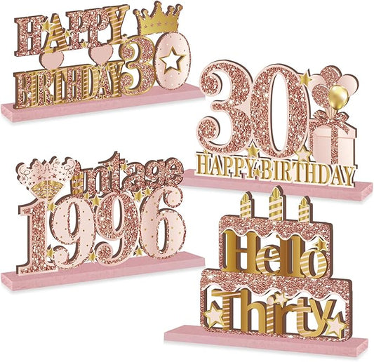 4 Pieces 30th Birthday Decorations Wooden Vintage 1996 Table Centerpieces for Women, Pink Rose Gold Cheers to 30 Years Table Sign Party Supplies, Hello 30 Years Old Bday Table Decor