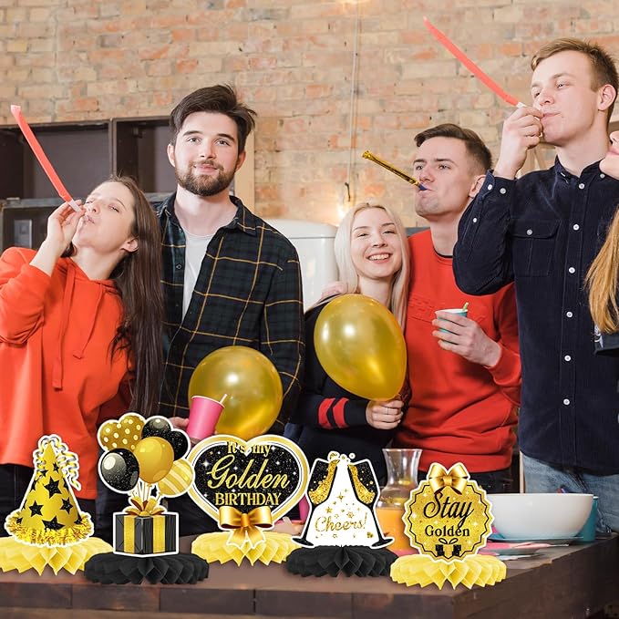 It's My Golden Birthday Honeycomb Centerpieces- Gold Happy Birthday Party Decorations for Teens, Women, Men - Golden Birthday Party Supplies for Girl or Boy, Golden Party Decorations Supplies