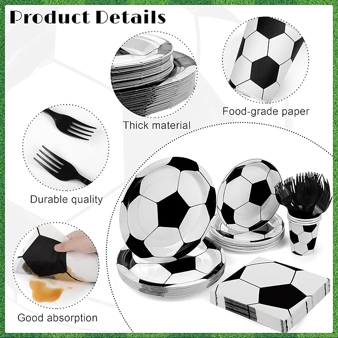 Kochorie 144 Pieces Soccer Party Tableware Sets Including Disposable Plates Napkins Cups Forks Serves 24 for Soccer Games Sports Birthday Party Supplies