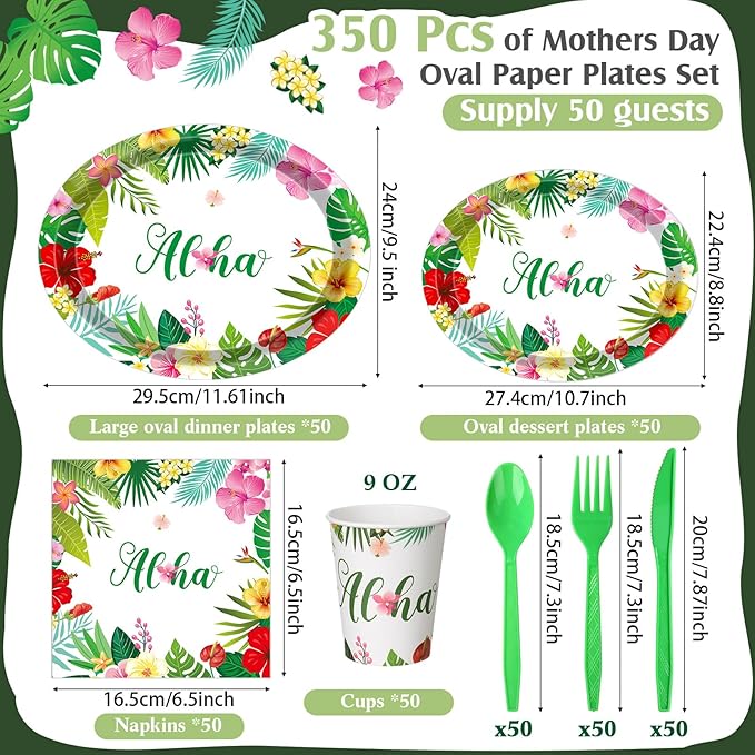 Pajean 350 Pcs Hawaiian Party Decorations 12 in Disposable Oval Tropical Luau Plates and Napkins Palm Leaf Aloha Heavy Duty Paper Tableware Set for 50 Guests Summer Pool and Beach Party Supplies