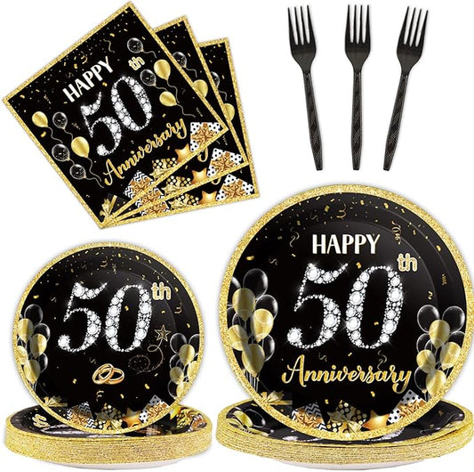 96 Pcs 50th Anniversary Party Paper Plate Napkin Fork Employee Career Wedding 50th Anniversary Gold Black Disposable Paper Dessert Dinner Tableware Fiftieth Anniversary Party Supplies Favors 24 Guests