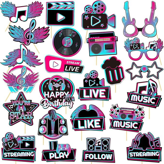 24 Piece Music Photo Booth Props, Disco Musical Theme Short Video Party Supplies,Music in My Era Party with Stick Props Kit Happy Birthday Table Toppers Sign Decorations